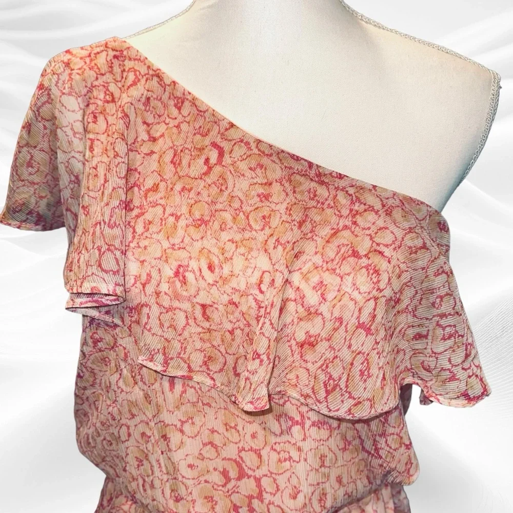 Krisa Revolve Wild print One‎ Shoulder Ruffle Dress Small Pink